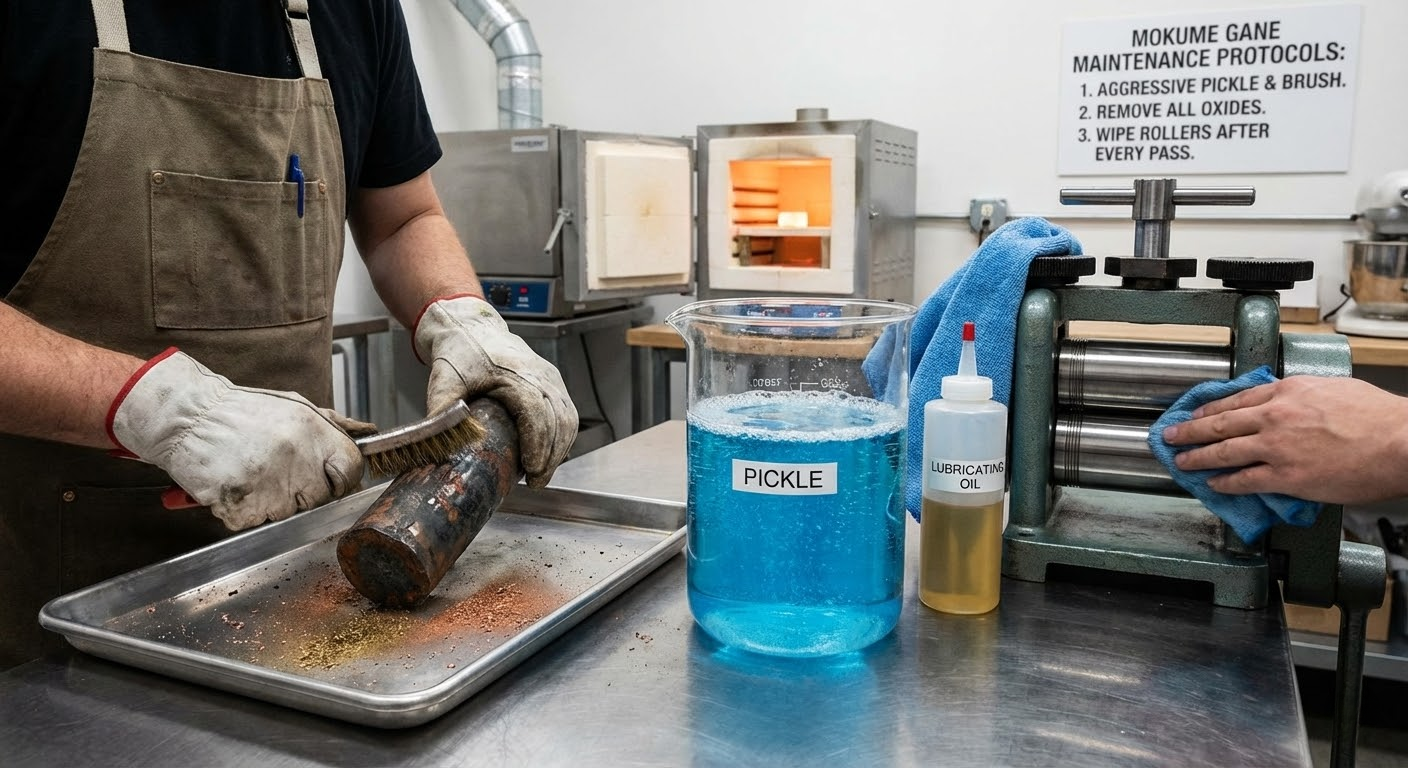 Artisans cleaning a metal cylinder with a wire brush and wiping a rolling mill.
