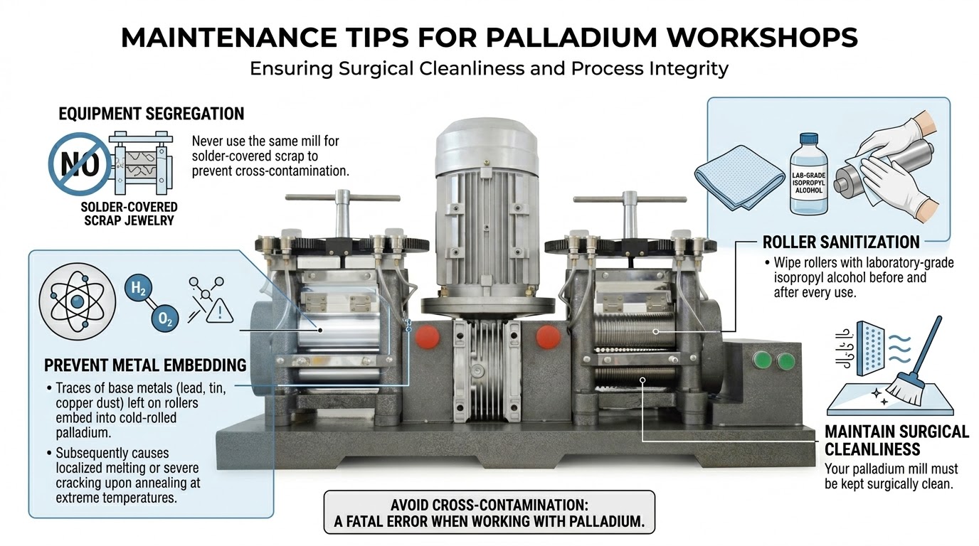 Maintenance guide for palladium mills emphasizing roller sanitization and preventing base metal cross-contamination.