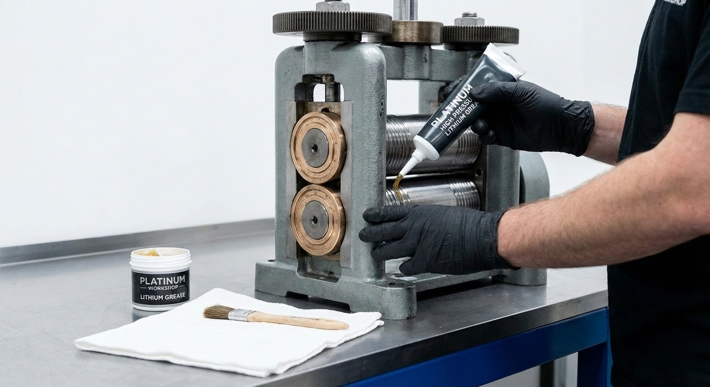 Applying lithium grease to maintain a heavy-duty rolling mill for platinum.