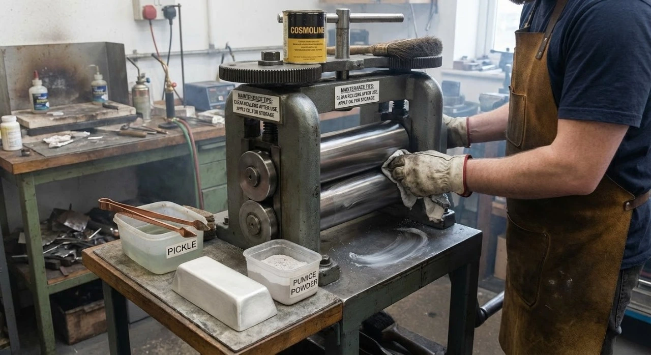 A worker cleaning rolling mill rollers with a cloth, with pickle and pumice powder visible for maintenance.