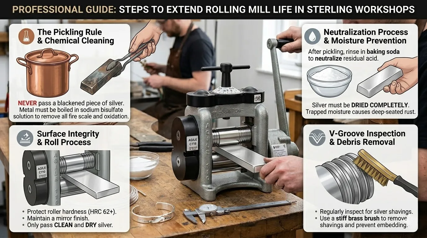 Infographic on rolling mill maintenance: pickling, neutralizing, and cleaning rollers for sterling silver work.
