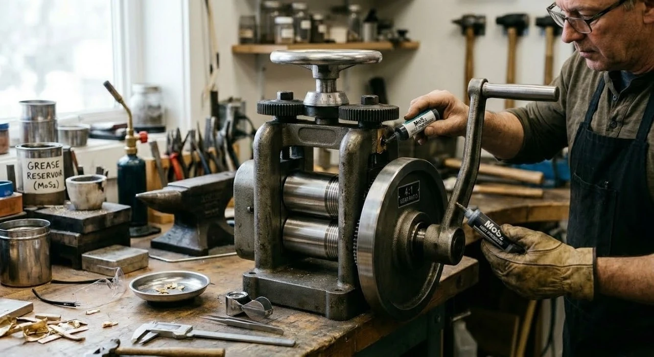 Applying MoS2 grease to the gears of a rolling mill to ensure smooth operation during gold alloying processes.