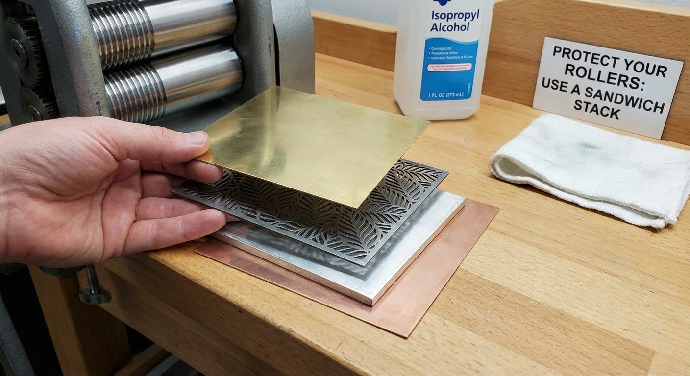 Preparing a metal sandwich stack with a pattern plate for texture embossing.