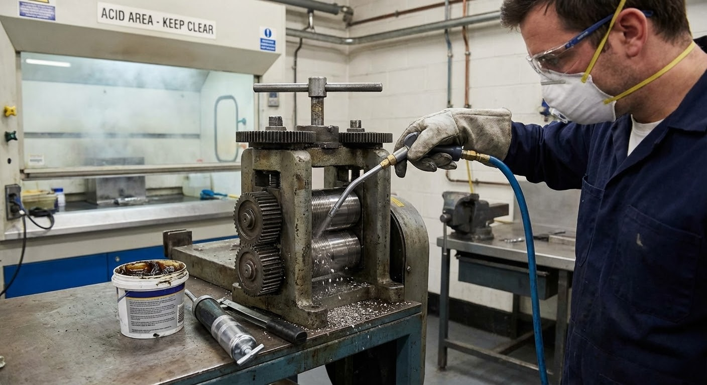 A worker wearing a respirator and safety glasses uses an air gun to clean a small metal rolling mill.