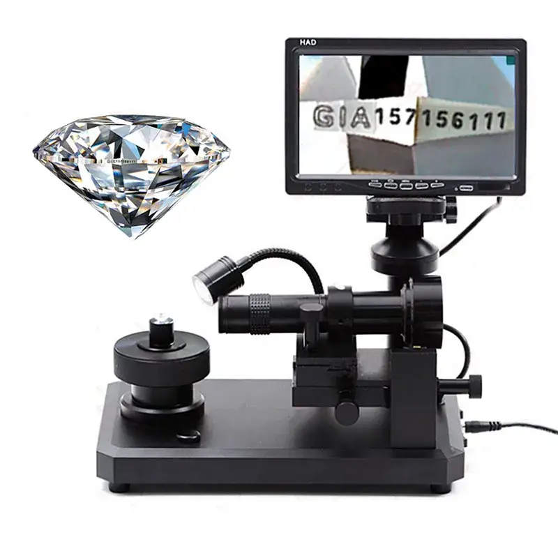 Digital diamond inscription viewer with a screen displaying a GIA report number magnified on the girdle.
