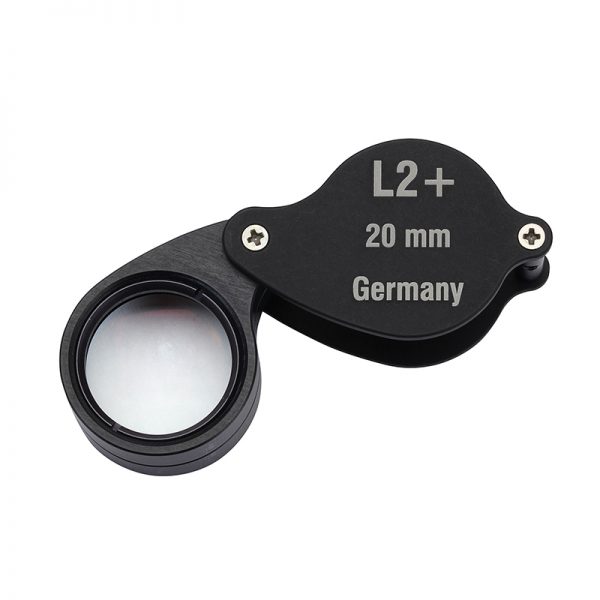 Harald Schneider L2+ 20mm triplet loupe, a professional 10x magnification jewelry tool made in Germany.