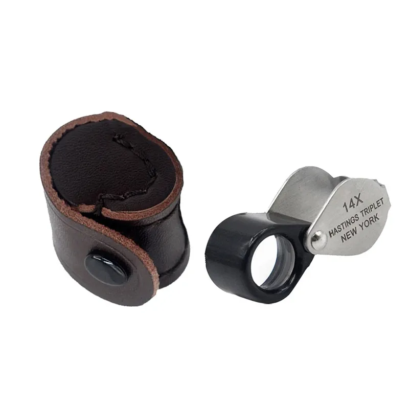 14x Hastings Triplet pocket loupe with a premium brown leather protective case for jewelry and field inspection.