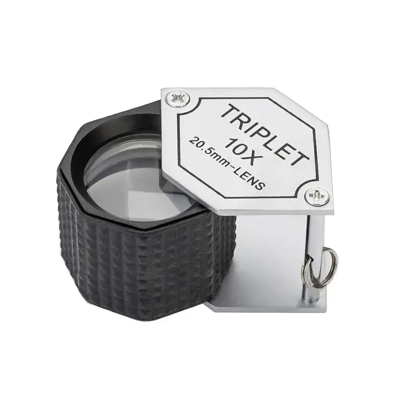 Professional 10x 20.5mm triplet jeweler's loupe with a black rubber grip and hexagonal cover.