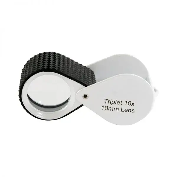 10x 18mm triplet jewelry loupe with a non-slip black rubber grip for professional gemstone inspection.