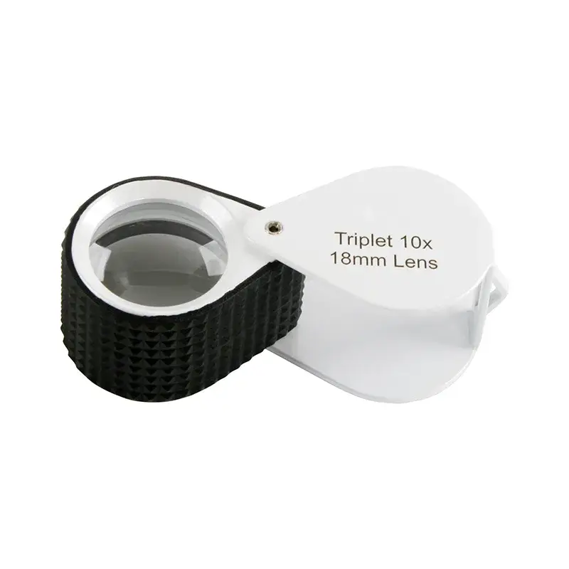 Professional 10x triplet jewelry loupe with 18mm lens and heavy-duty rubberized housing for impact protection.