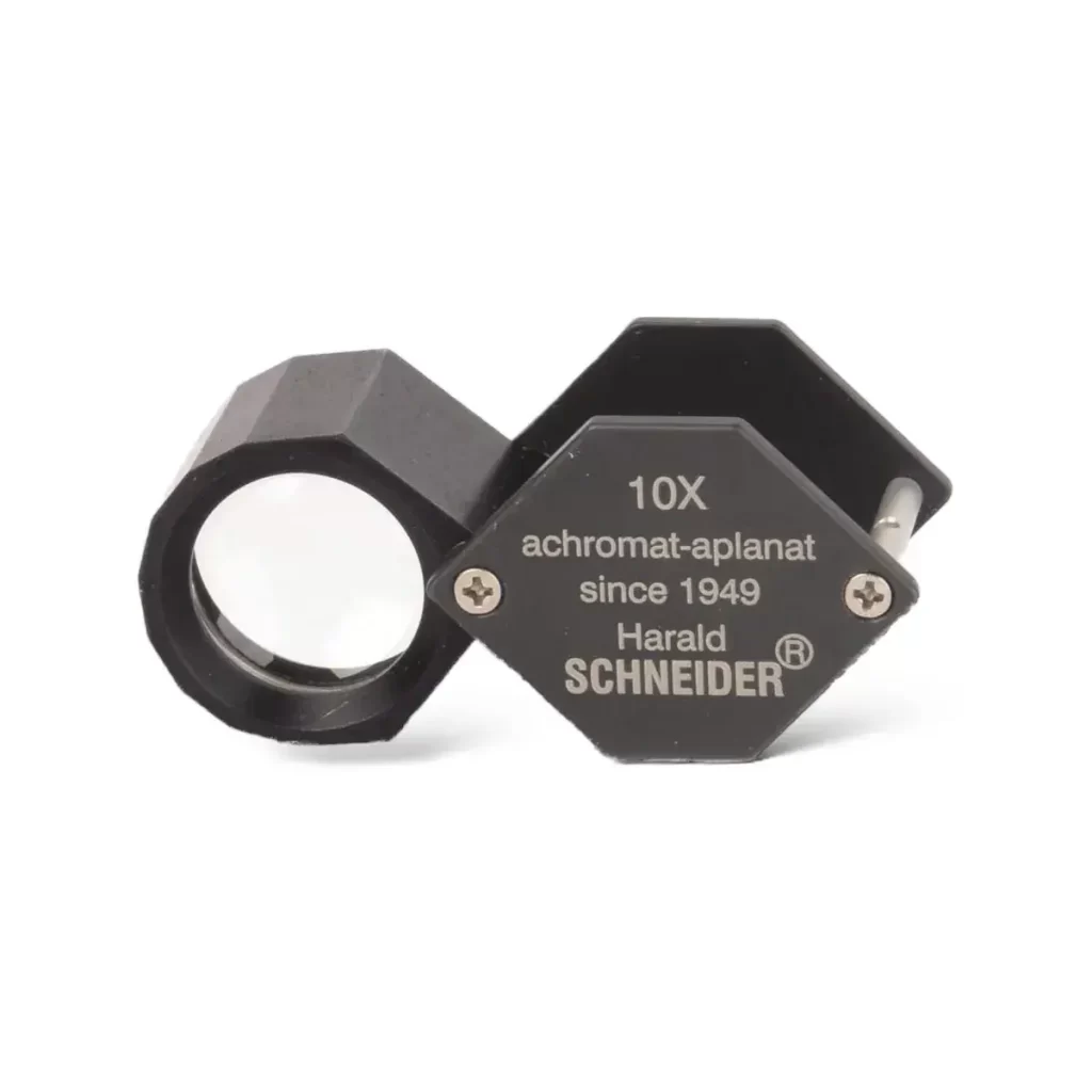 Harald Schneider 10x achromat-aplanat triplet loupe, a professional standard for precision gem cutting.