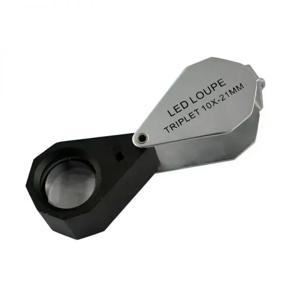 LED lighted 10x-21mm triplet loupe with a silver metal cover, designed for illuminated gemstone and jewelry viewing.