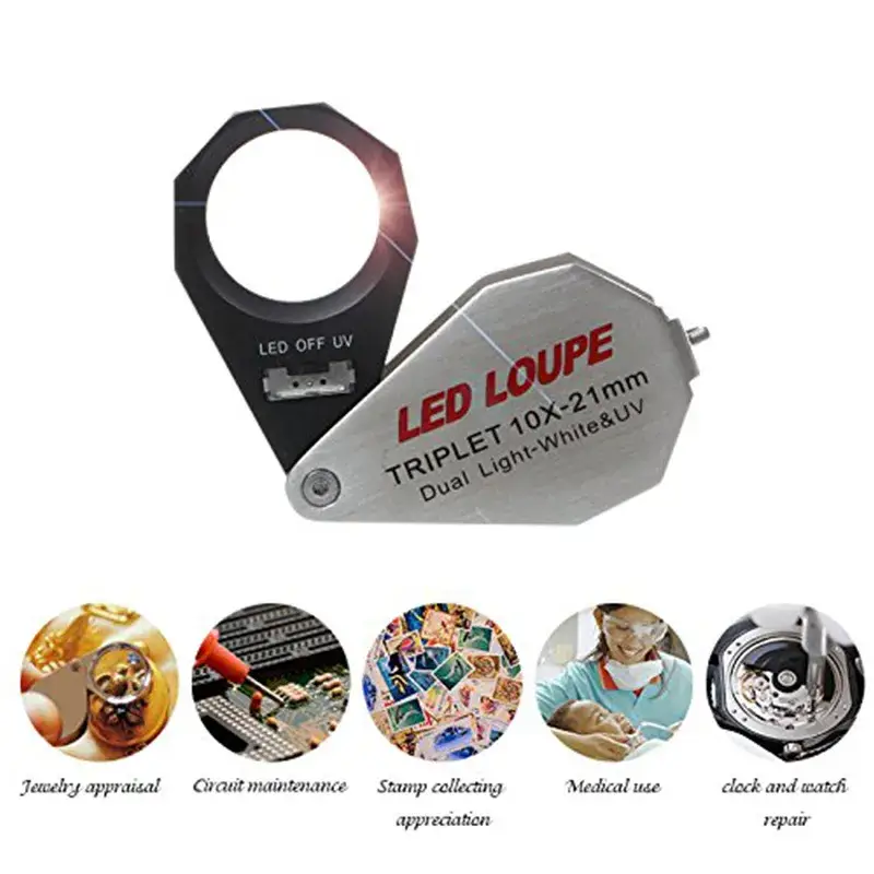 10x-21mm triplet loupe with dual white LED and UV lights, shown with multiple use cases like jewelry and repair.