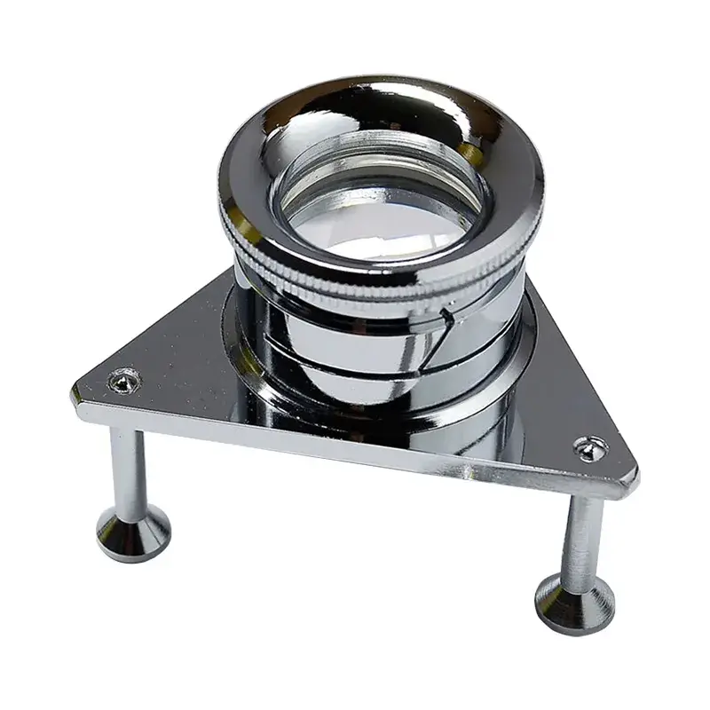 Focusable tripod loupe magnifier with a polished chrome triangular base for stable, close-up inspection.