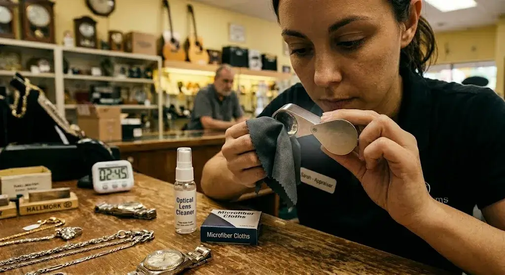 Sarah the appraiser cleaning her jeweler's loupe with a microfiber cloth and optical lens cleaner on a wooden counter.