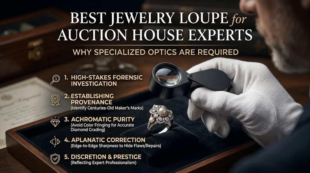 Expert jewelry loupe features: forensic investigation, provenance, achromatic purity, and aplanatic correction.