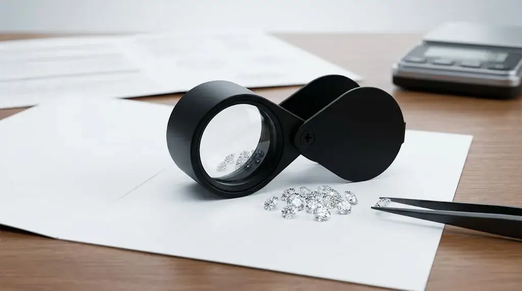 Matte black professional jewelry loupe next to a pile of loose melee diamonds and trading tweezers on white paper.