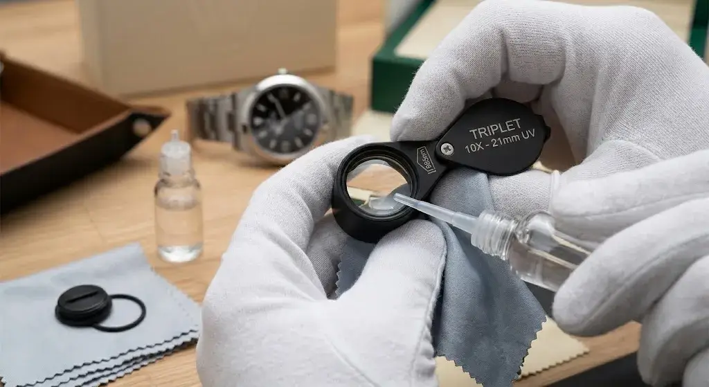 Demonstrating the strict cleaning protocol with optical solvent to prevent glare on an authentication loupe.