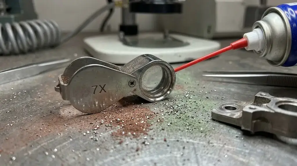 Using compressed air to clean metal dust and polishing debris from a 7x inspection loupe in a factory setting.