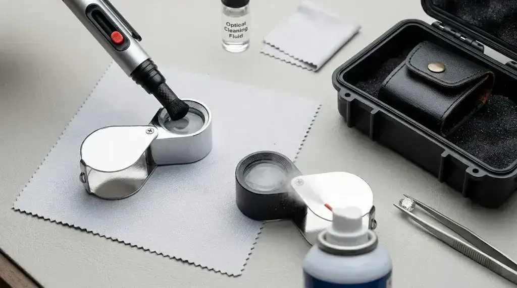 Professional cleaning of jewelry loupes using a brush and compressed air to ensure clear synthetic diamond inspection.