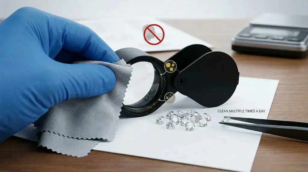 Hand in blue glove uses a micro-fiber cloth to clean oils and dust from a professional black diamond trading loupe.