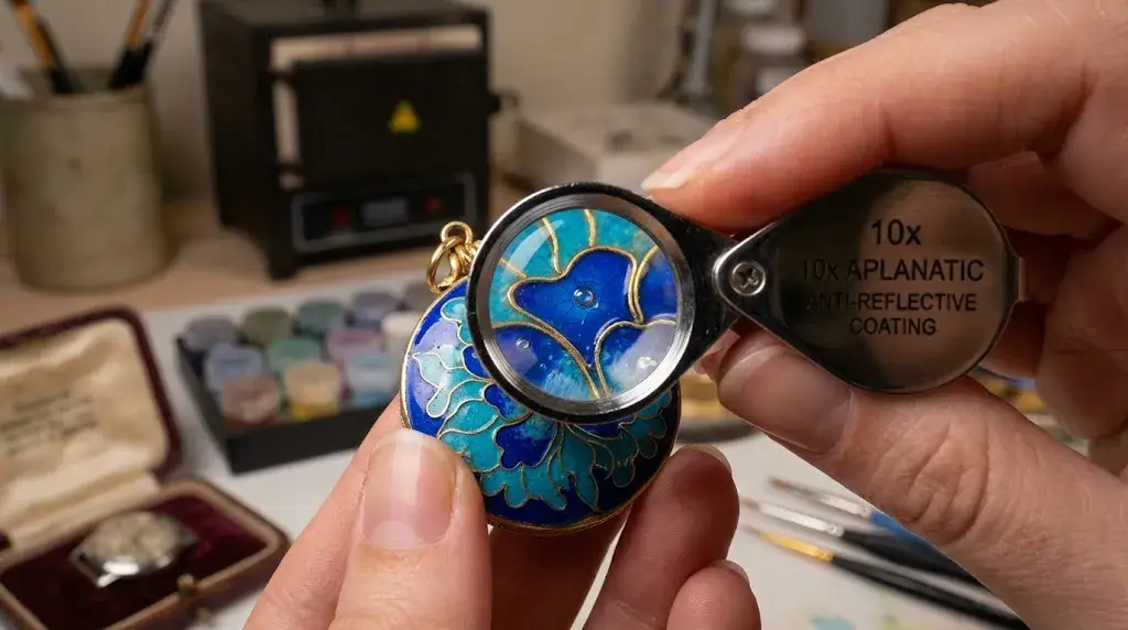 An enamel artist uses a 10x aplanatic loupe to inspect fine details on a blue cloisonné enamel pectoral piece.