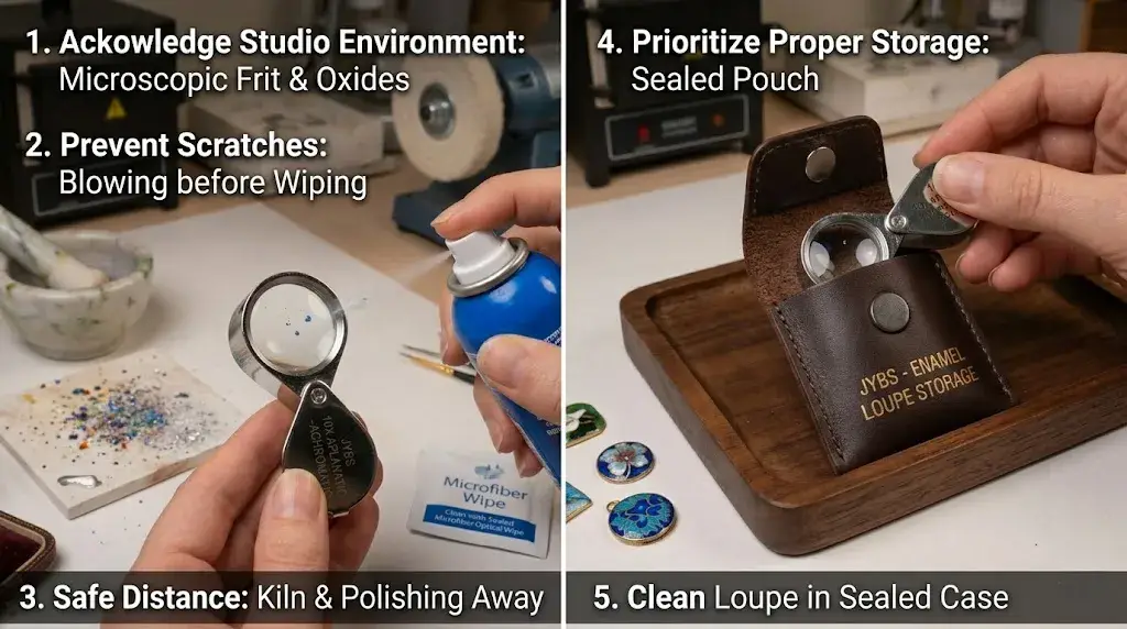 Five maintenance practices for an enamel studio loupe, emphasizing blowing dust, proper storage, and clean environment.