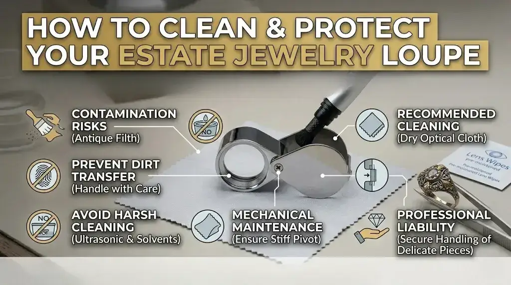 Professional maintenance guide for cleaning jewelry loupes using optical cloths and avoiding harsh solvents.