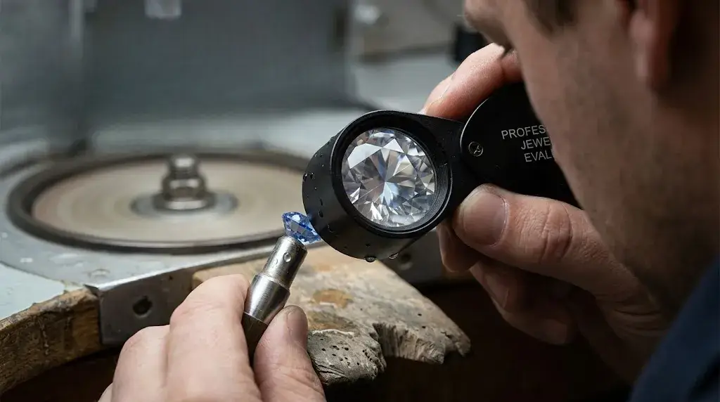 A gem cutter uses a professional jewelry loupe to inspect a faceted blue gemstone on a lapidary workbench.