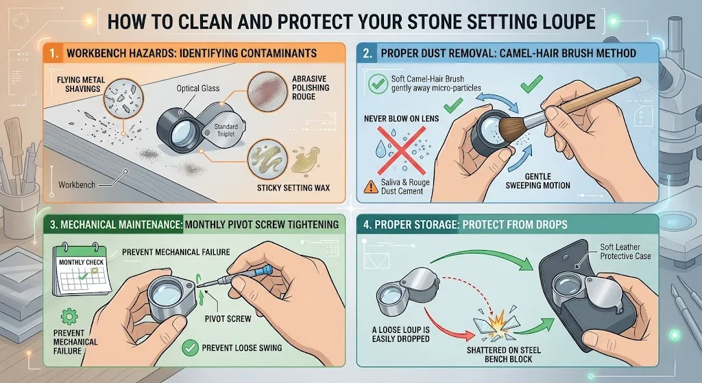 Four-panel guide showing how to identify workbench hazards, use a brush to clean a loupe lens, and proper storage.