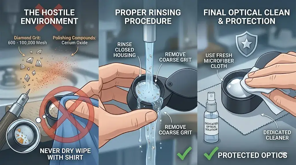 Infographic showing the proper rinsing and cleaning procedure for a jewelry loupe to protect optical glass.