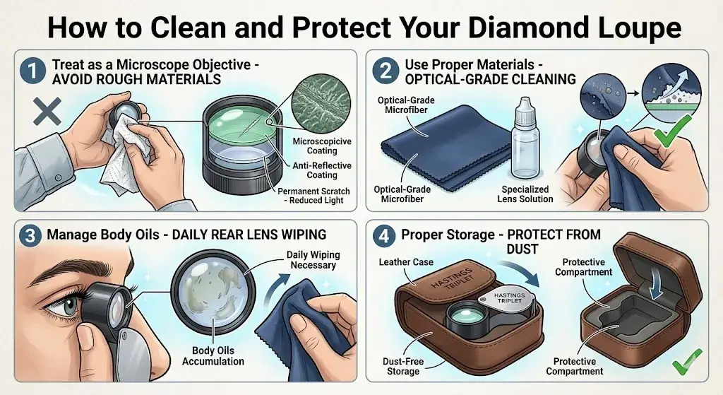 Four steps for diamond loupe care: avoid rough materials, use optical-grade cleaning, manage body oils, and store in a case.