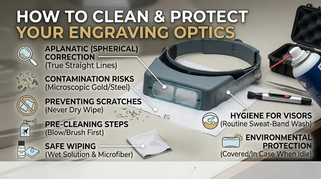Maintenance guide for engraving visors, detailing pre-cleaning steps and safe wiping with wet solutions and microfiber.