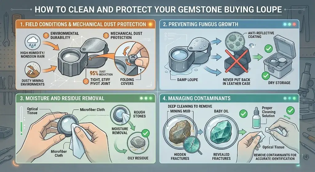 Infographic showing 4 steps to clean a gem loupe: dust protection, preventing fungus, residue removal, and managing oil.