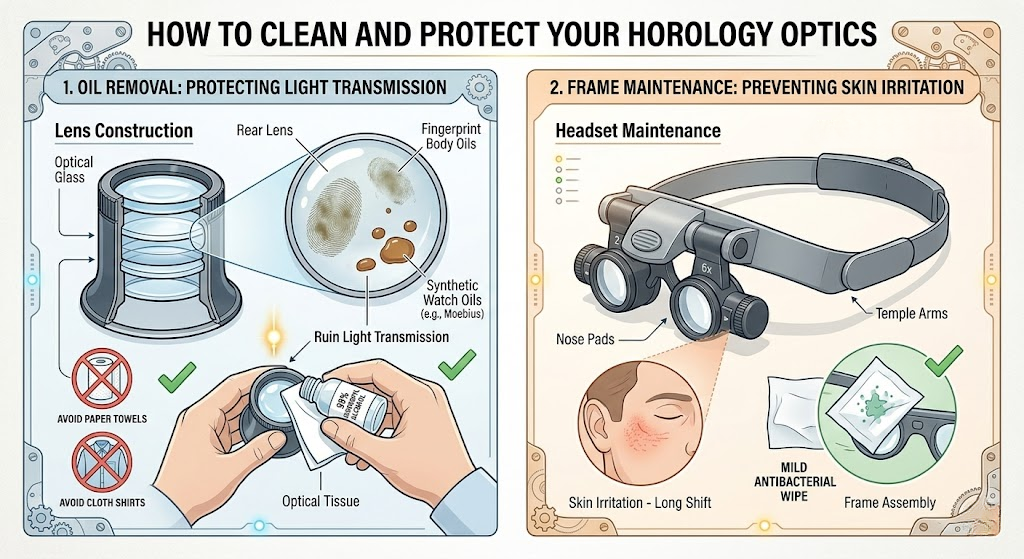 Infographic on cleaning horology lenses and maintaining headset frames to prevent oil buildup and skin irritation.