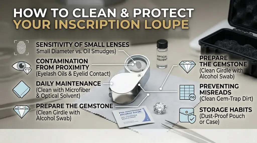 Maintenance guide for inscription loupes, highlighting daily cleaning with microfiber and dust-proof storage habits.