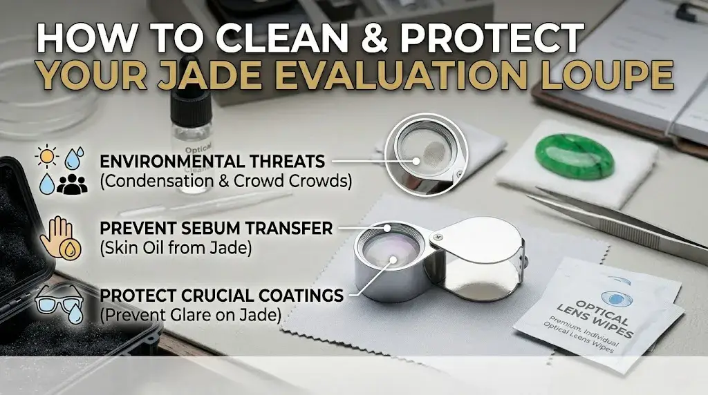 Maintenance guide for jade loupes, explaining how to prevent sebum transfer and protect anti-glare lens coatings.