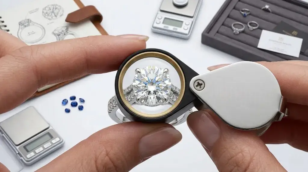 Hands holding a professional jewelry loupe to inspect a large brilliant-cut diamond ring on a jeweler's workbench.
