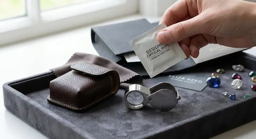A jewelry loupe care set featuring a leather case, microfiber cloth, and optical wipes for gemstone equipment.