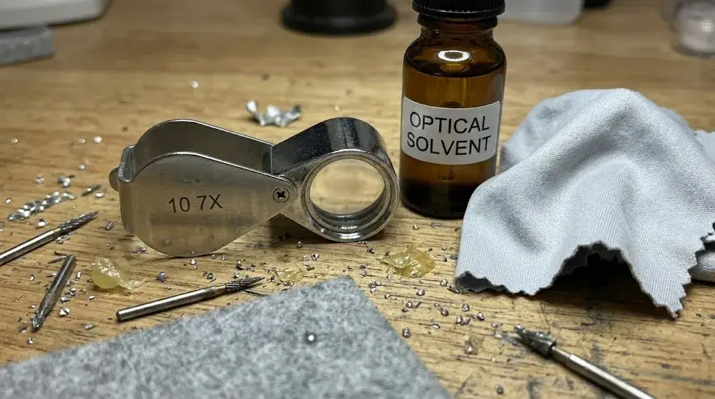 A professional jewelry loupe rests on a workbench beside an optical solvent bottle and microfiber cloth.