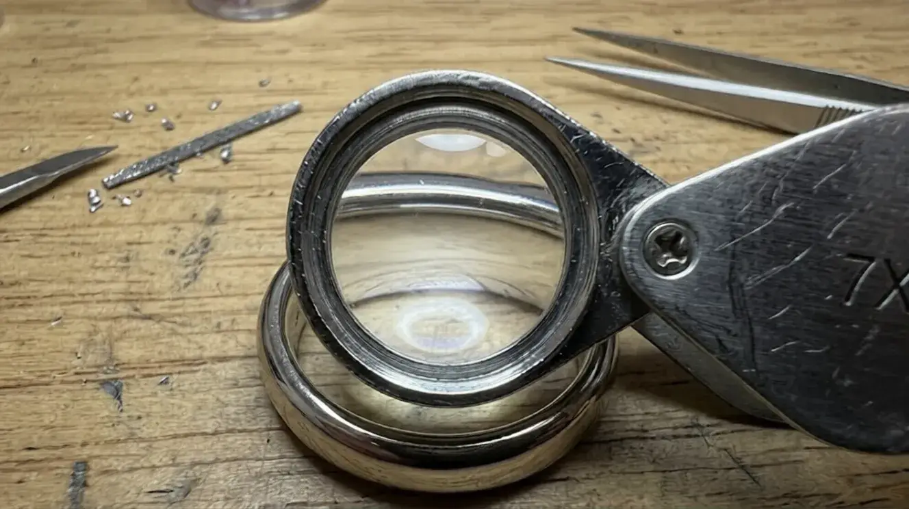 A professional jeweler's loupe inspecting the hallmark stamp on a gold ring band on a wooden workbench.