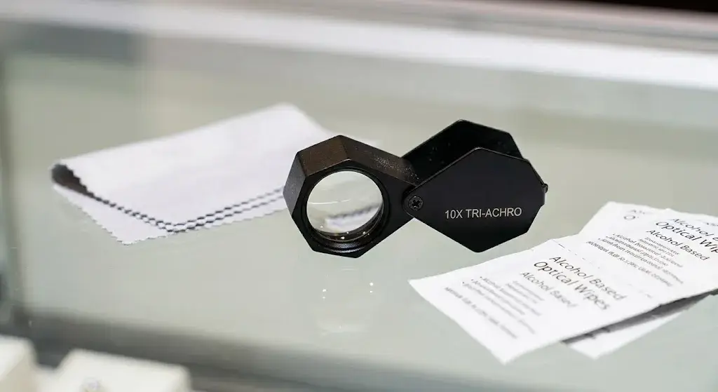 A black 10x Triplet loupe on a display counter, shown with a microfiber cloth and alcohol-based optical wipes.