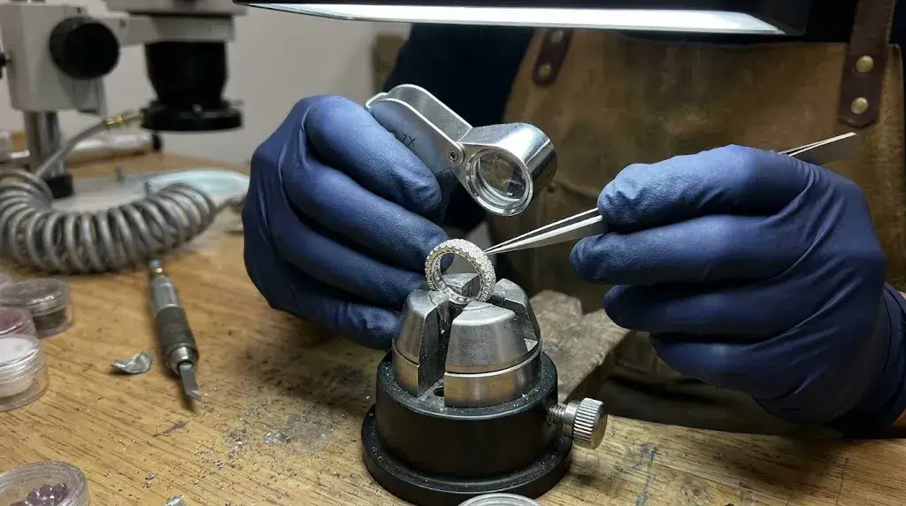 A micro-pave setter uses a hand-held loupe and tweezers to inspect a diamond eternity band under a bench microscope.