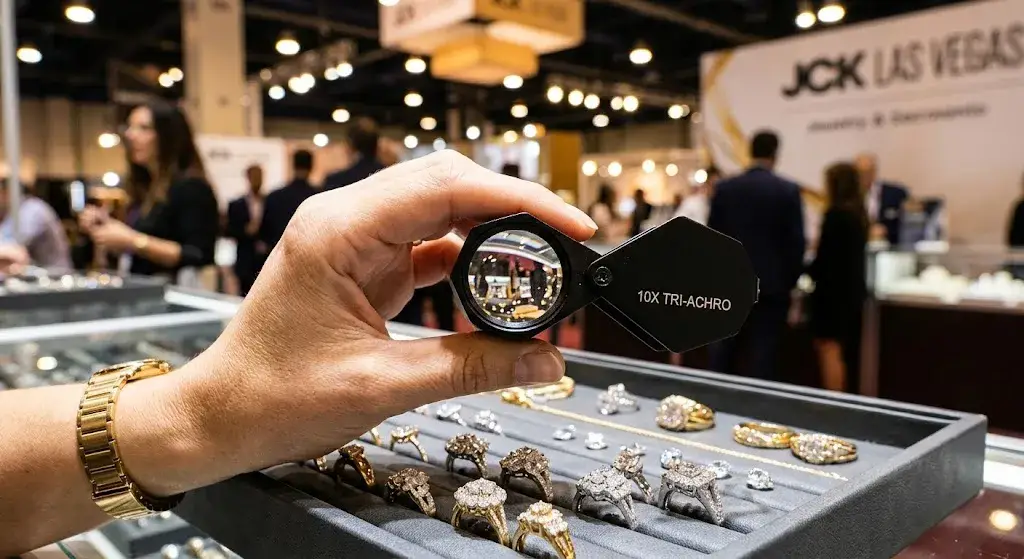 Hexagonal 10x Triplet loupe in hand, magnifying a diamond cluster ring at a busy JCK Las Vegas trade show booth.