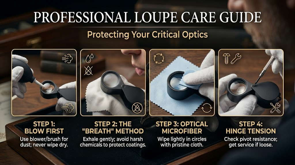 4-step loupe care guide: blow dust, breath fogging, optical microfiber wipe, and hinge tension check.