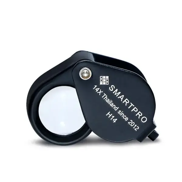 The SmartPro H14 14x triplet loupe with a black non-reflective frame, showing its high-resolution resolving power.