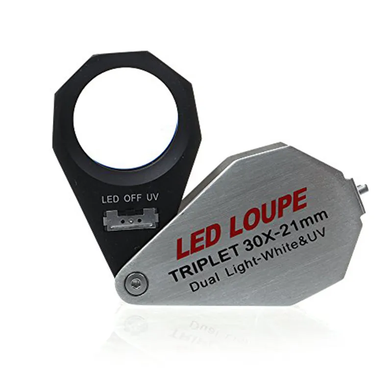 10x LED and UV lighted triplet loupe with 21mm lens for dual illumination during diamond and gemstone inspection.