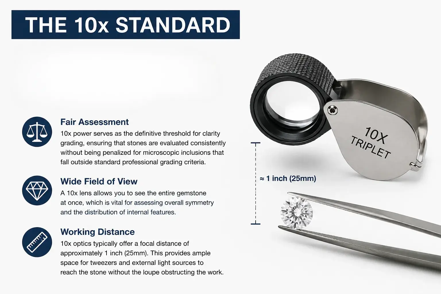 A 10x triplet loupe shown with a gemstone and tweezers, highlighting fair assessment and wide field of view.