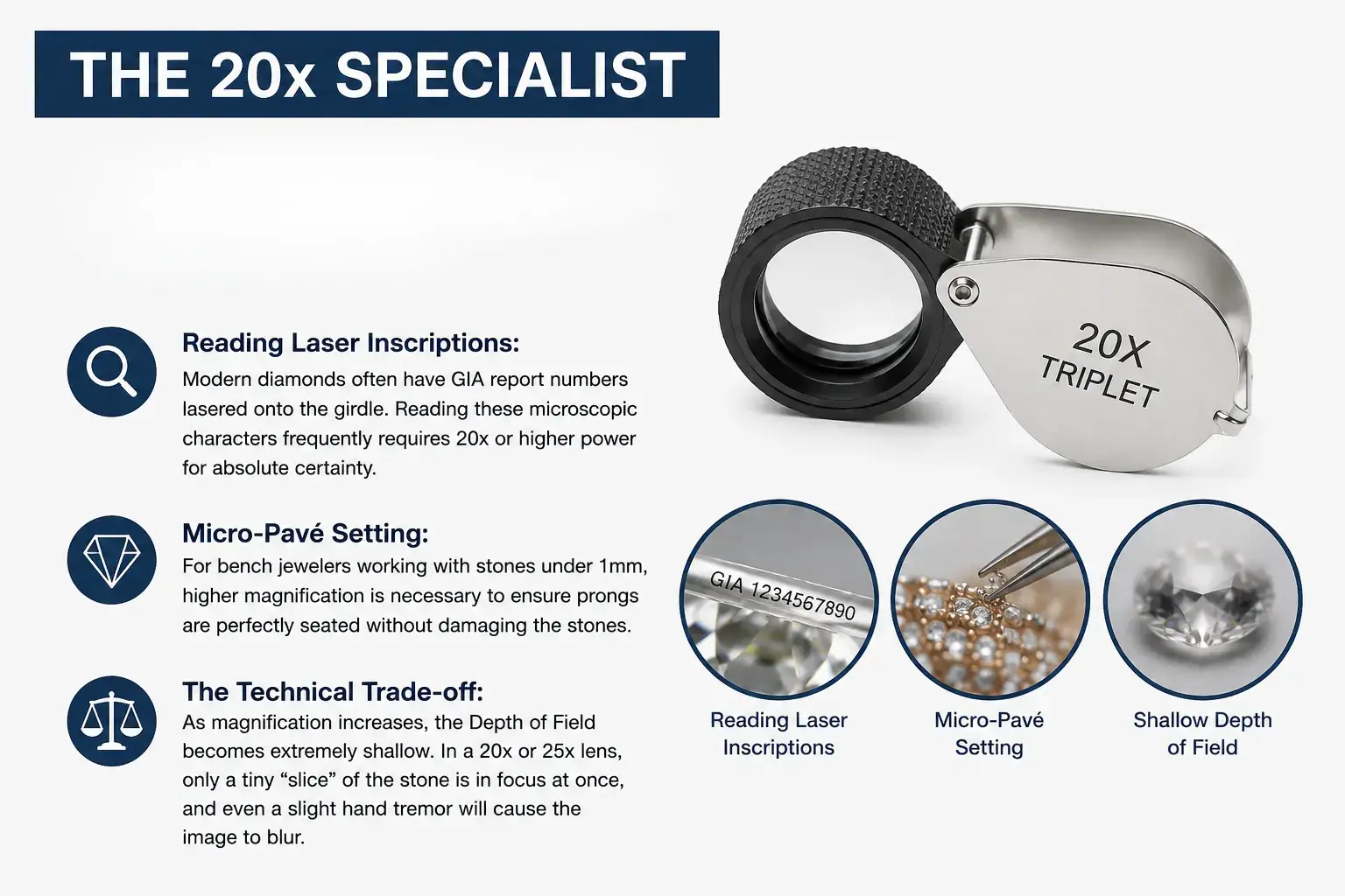 Features of a 20x loupe for reading GIA laser inscriptions and inspecting micro-pave stone settings.
