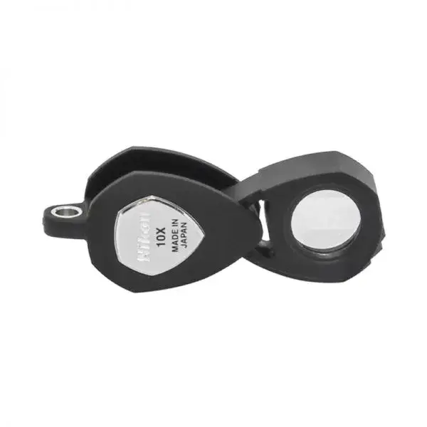 Nikon 10X Triplet Loupe, a folding pocket jewelry magnifier featuring high-definition, distortion-free optics.